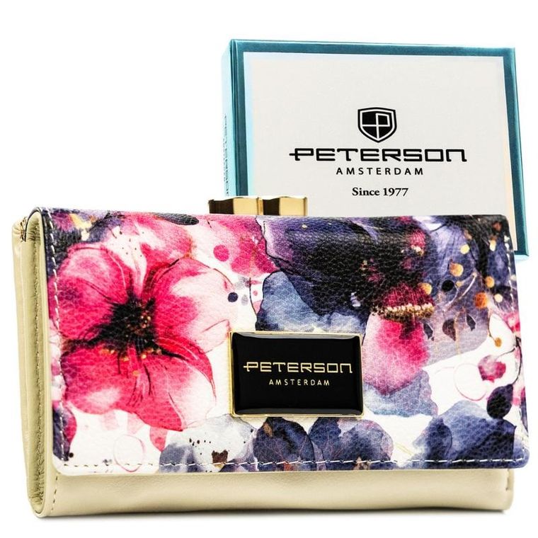 Portfel, skóra naturalna i ekologiczna, kwiatowy wzór, Peterson