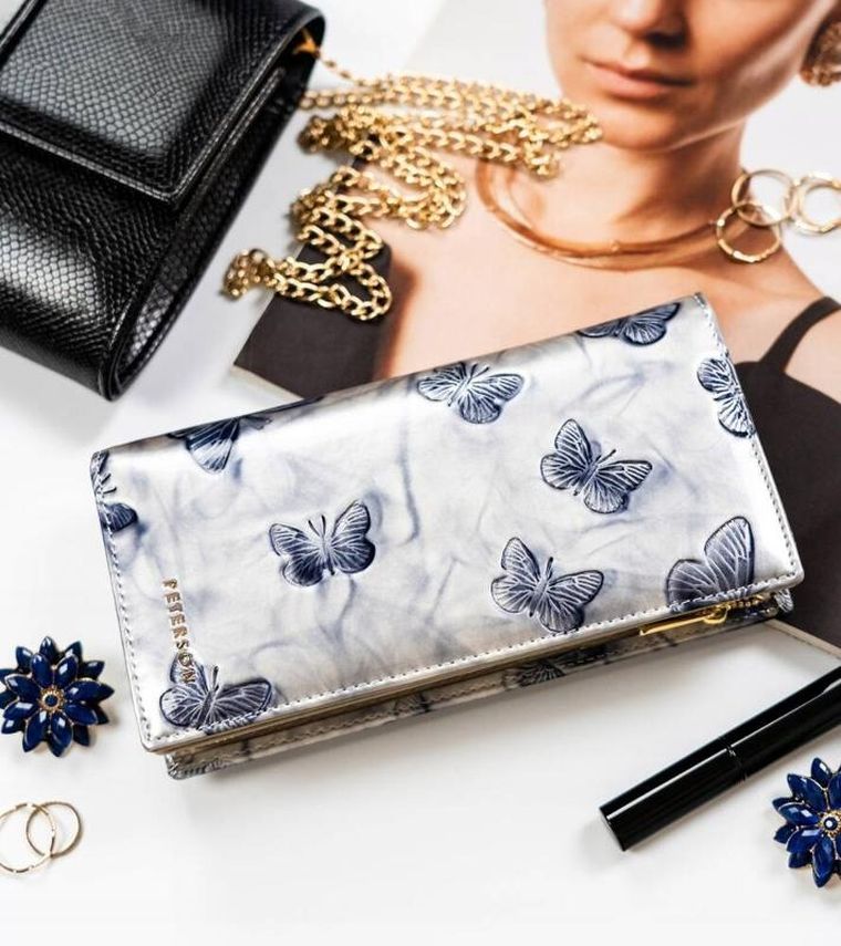 Portfel, srebrno-niebieski, skórzany, RFID, Peterson