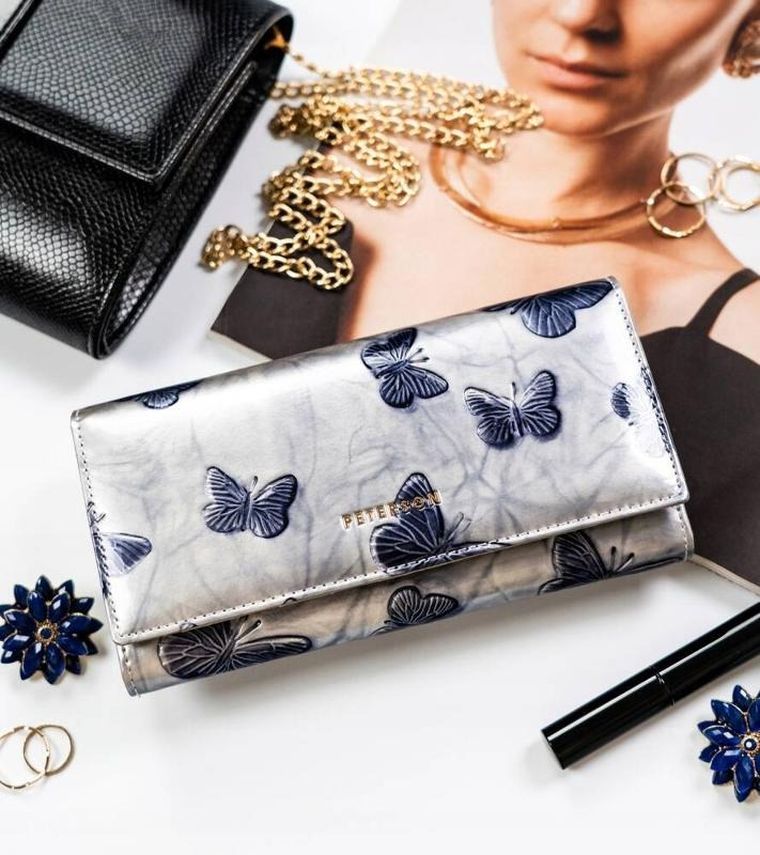 Portfel, srebrno-niebieski, skórzany, RFID, Peterson