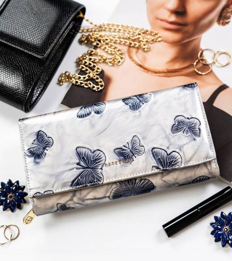 Portfel, srebrno-niebieski, skórzany, RFID, Peterson