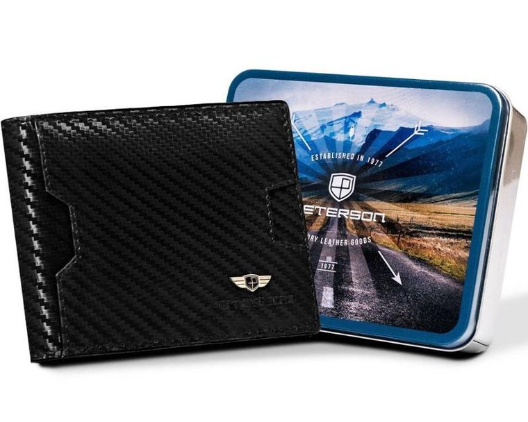 Portfel z kieszonką na kartę, czarny, skórzany, Peterson