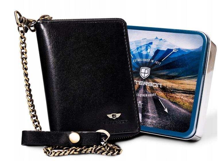 Portfel z łańcuszkiem, czarny, skórzany, Peterson