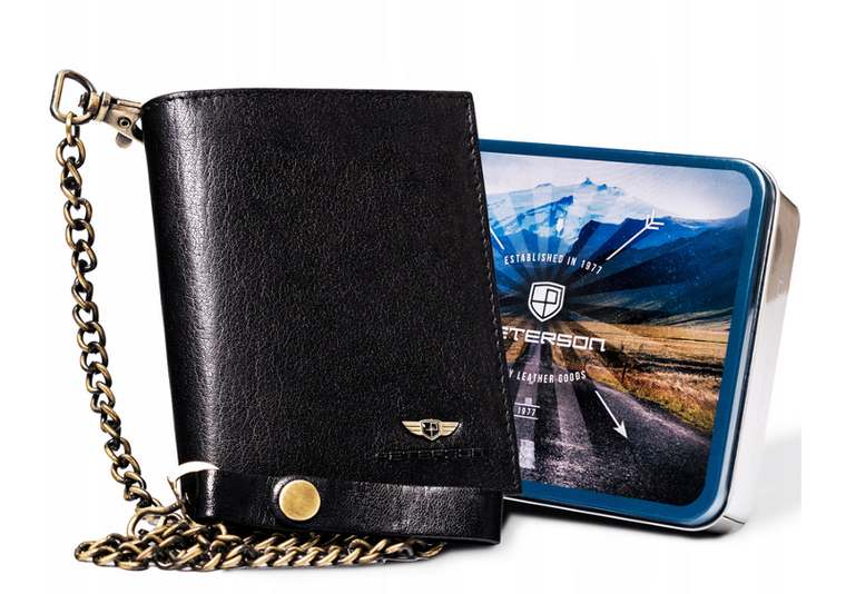 Portfel z łańcuszkiem, czarny, skórzany, Peterson