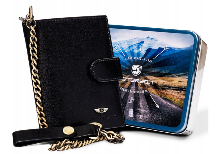 Portfel z łańcuszkiem, czarny, skórzany, Peterson