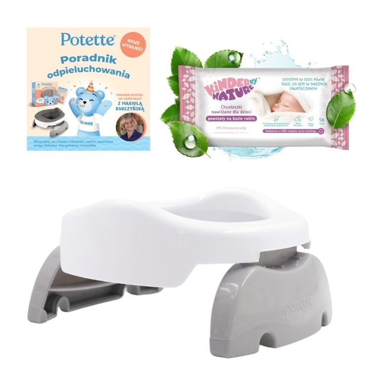 Potette Plus, nocnik dla dziecka i nakładka na toaletę, zestaw 2w1, biało-szary + opakowanie chusteczek KBN