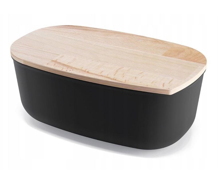 Practic, chlebak, pojemnik na pieczywo z deską bukową, czarny