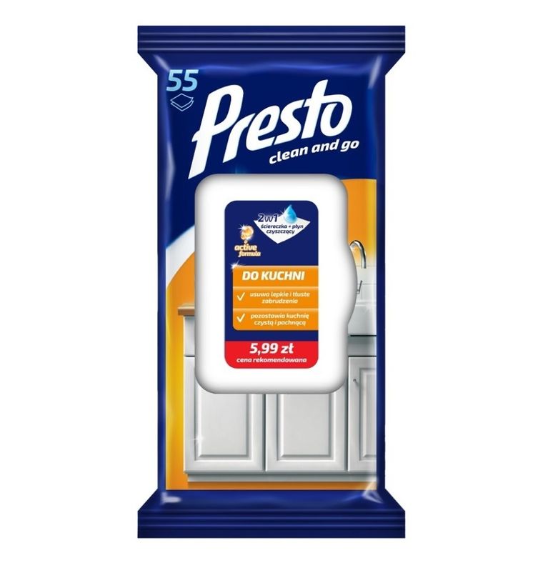 Presto, ściereczka + płyn czyszczący do kuchni, 2w1, 55 szt.