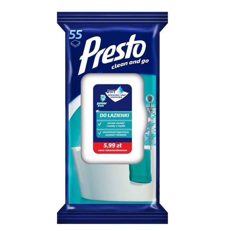 Presto, ściereczka + płyn czyszczący do łazienki, 2w1, 55 szt.