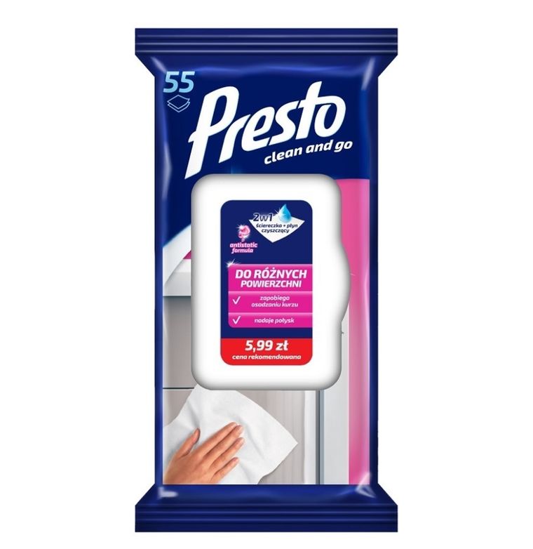 Presto, ściereczka + płyn czyszczący do różnych powierzchni, 2w1, 55 szt.