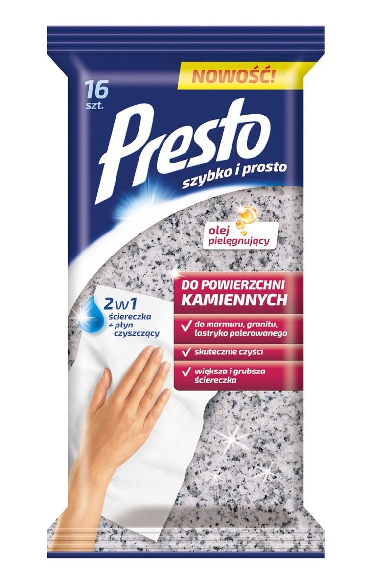 Presto, ściereczki czyszczące, 16 szt. + płyn 2w1 do powierzchni kamiennych