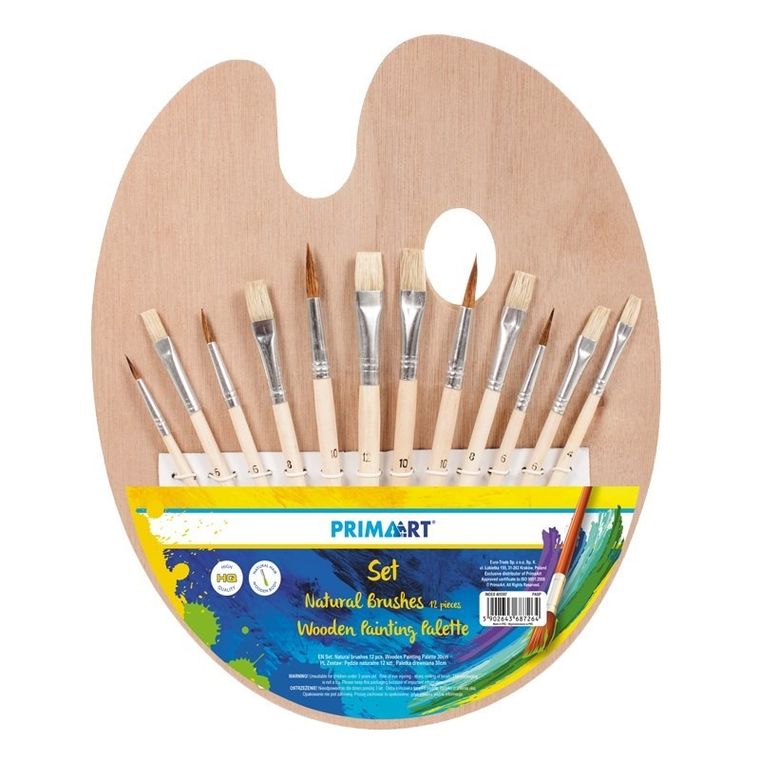 Prima Art, pędzle naturalne, 12 szt., paletka drewniana, 30 cm, zestaw