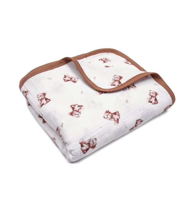 Pulp, Zamyślony Miś, kocyk muślinowy z lamówką, 100-120 cm