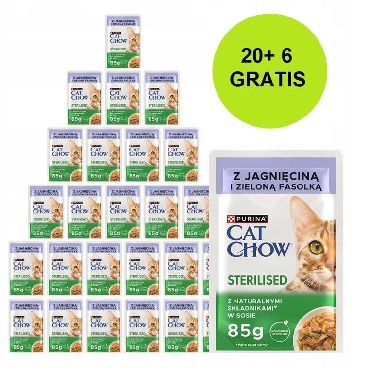 Purina, Cat Chow Sterilised, karma mokra dla kota, jagnięcina, fasola, 26-85g