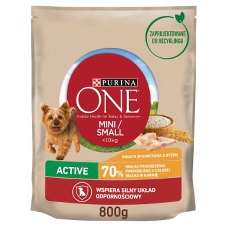 Purina, One Mini Active, karma sucha dla psa, bogata w kurczaka z ryżem, 800 g