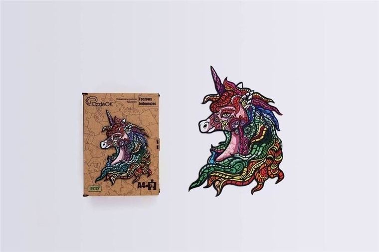 PuzzleOK, Tęczowy jednorożec, puzzle drewniane, eko, A4, 76 elementów