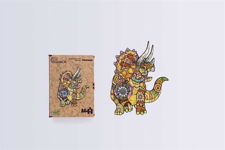 PuzzleOK, Triceratops, puzzle drewniane, eko, A4, 74 elementy