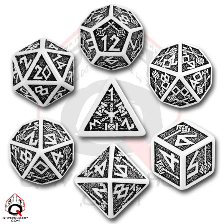 Q-Workshop, komplet kości, Komplet Krasnoludzki, biało-czarny