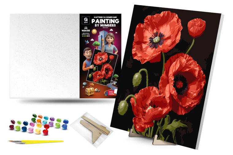 Qbee, malowanie po numerach, Czerwone maki, 40-50 cm