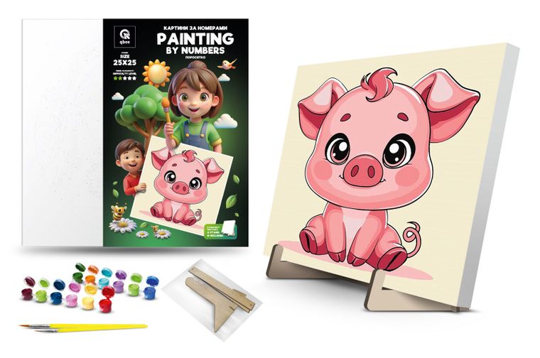 Qbee, malowanie po numerach, Świnka, 25-25 cm