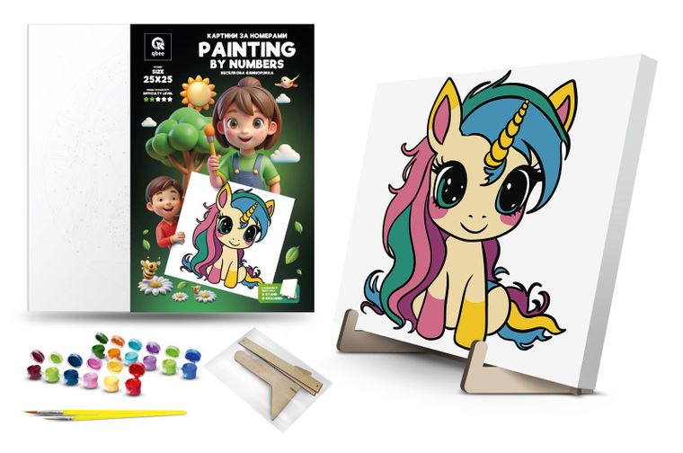 Qbee, malowanie po numerach, Tęczowy jednorożec, 25-25 cm