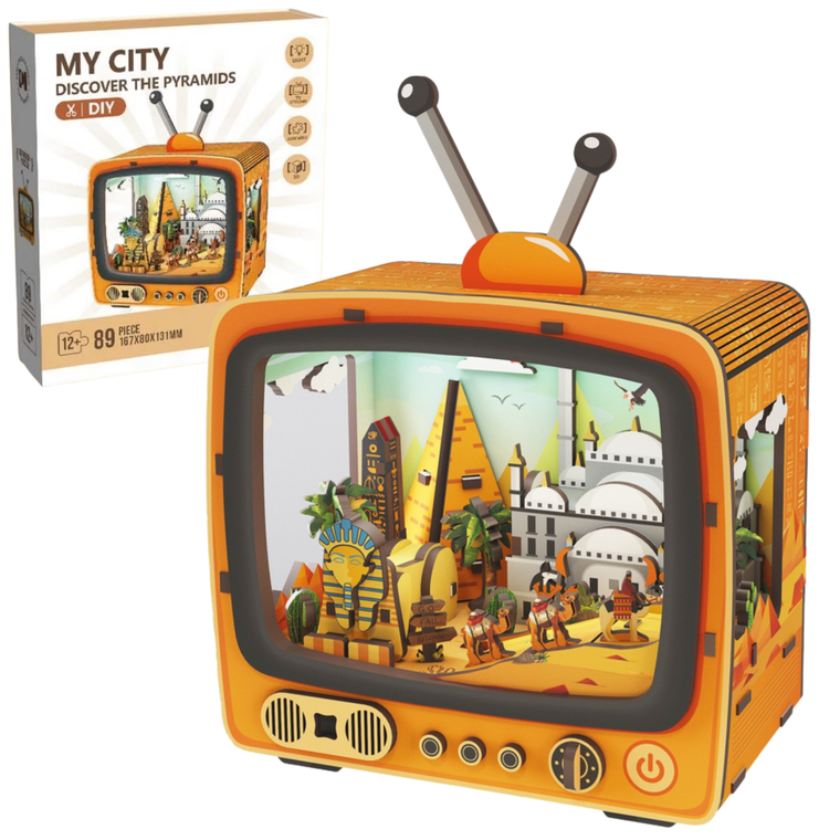 QBI, Egipskie Piramidy, miniaturowy telewizor retro, podświetlenie LED, puzzle 3D, 89 elementów