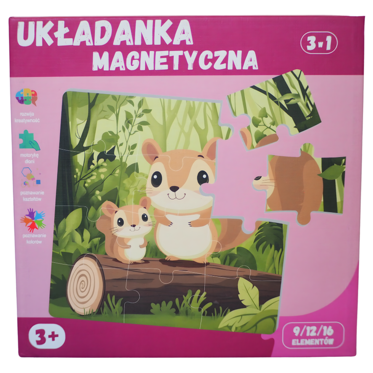 QBI, Zwierzęta leśne, puzzle magnetyczne, 9+12+16 elementów