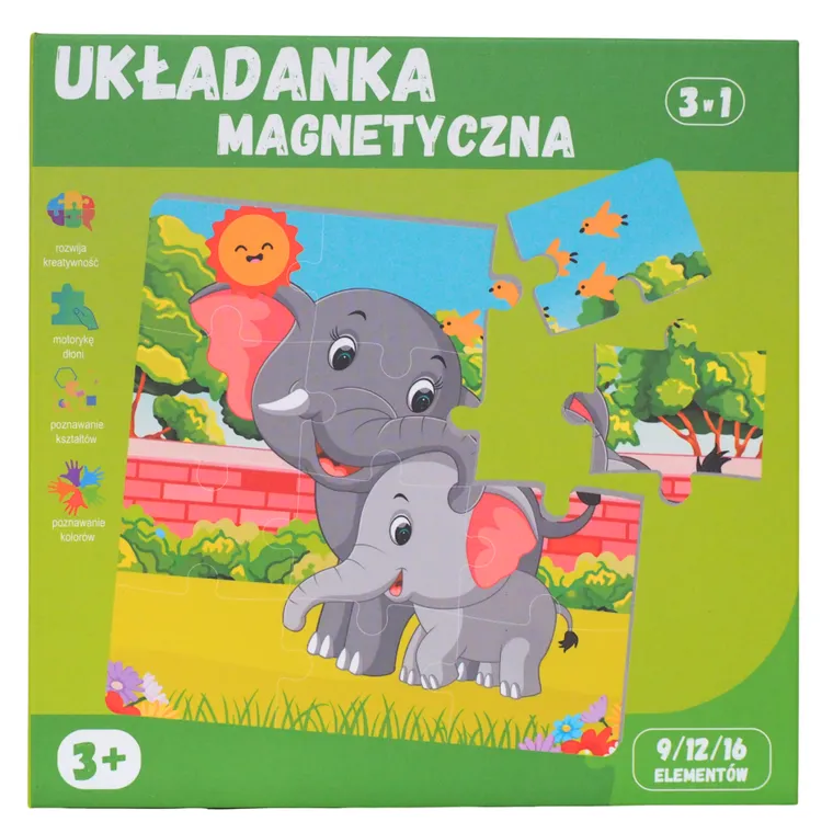 QBI, zwierzęta safari, puzzle magnetyczne, 9+12+16 elementów