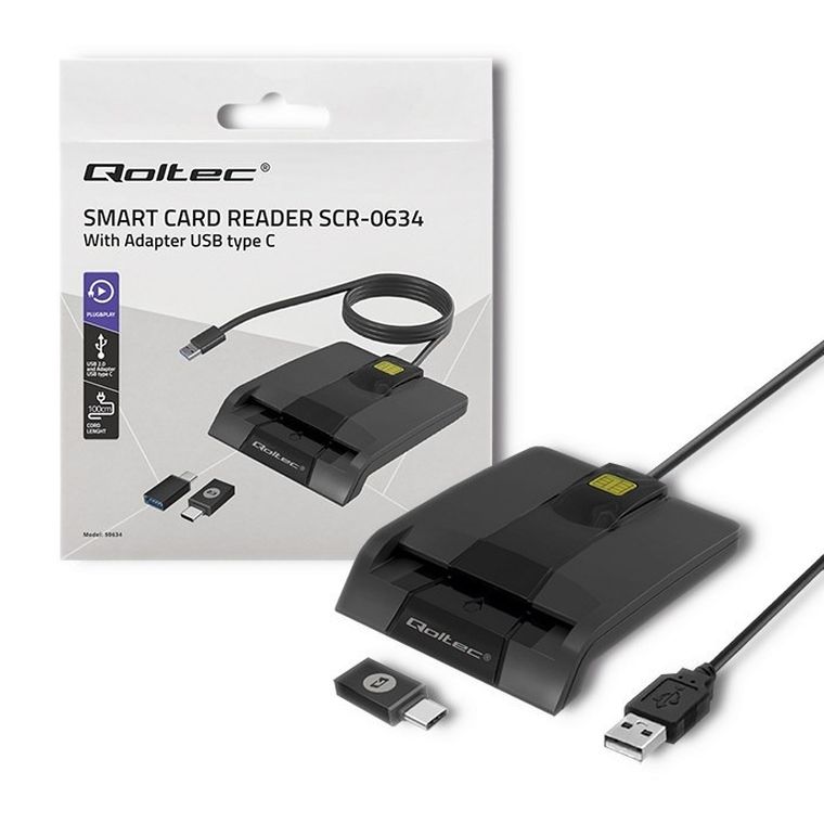 Qoltec, czytnik chipowych kart ID, inteligentny, SCR-0634, USB TYP C