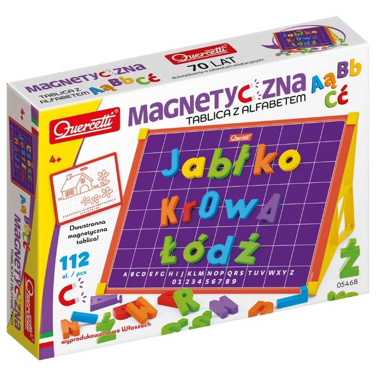 Quercetti, Magnetyczna tablica z alfabetem, zestaw magnesów, 113 elementów