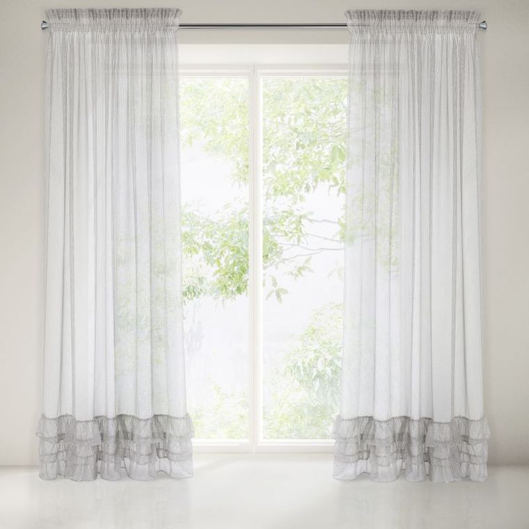 Raja, firana jednokolorowa z moherową błyszcząca nicią, zdobiona falbanami, 140-270 cm