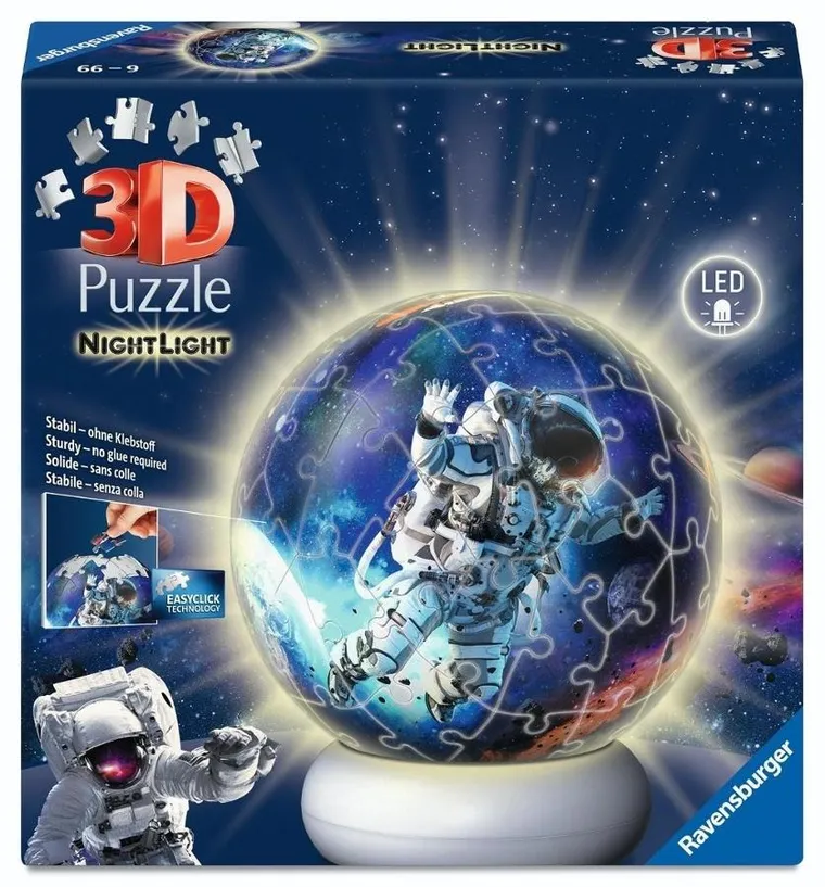 Ravensburger, Astronauta w kosmosie, kula, puzzle 3D, lampka, 72 elementy