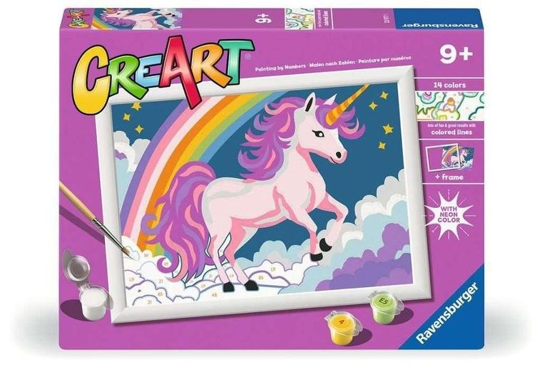 Ravensburger, CreArt, malowanie po numerach, Różowy Neon, Jednorożec