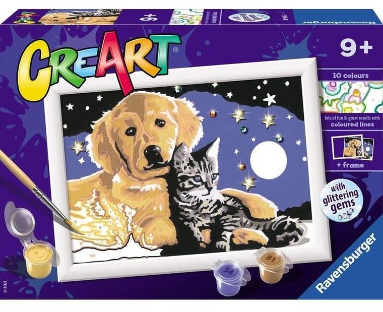 Ravensburger, CreArt, malowanka, malowanie po numerach, Pies z kotkiem nocą