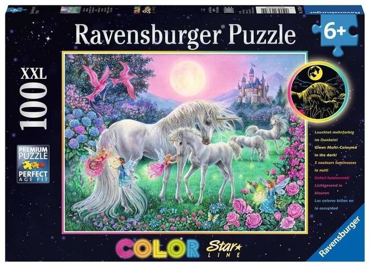 Ravensburger, Jednorożce w blasku księżyca, puzzle świecące, 100 elementów