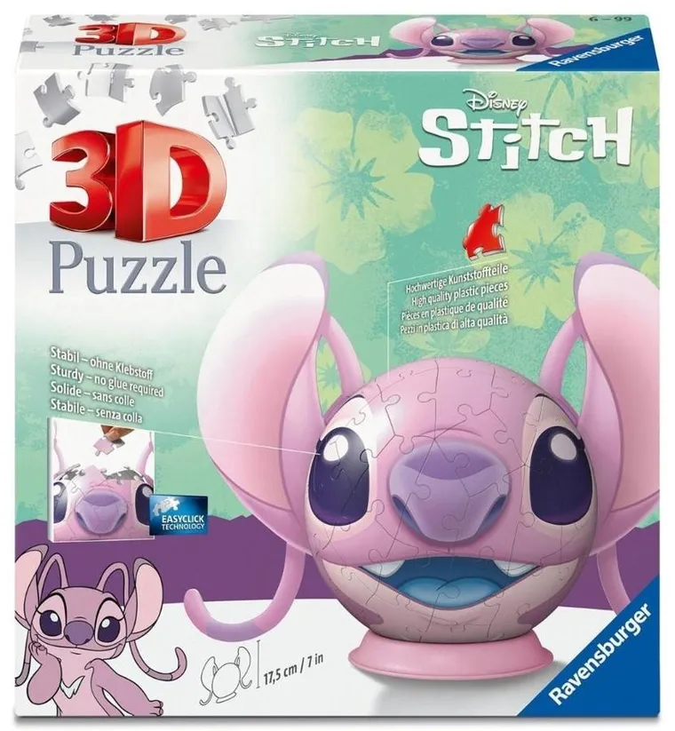 Ravensburger, Lilo i Stitch, Angel z uszami, Kula, puzzle 3D, 77 elementów