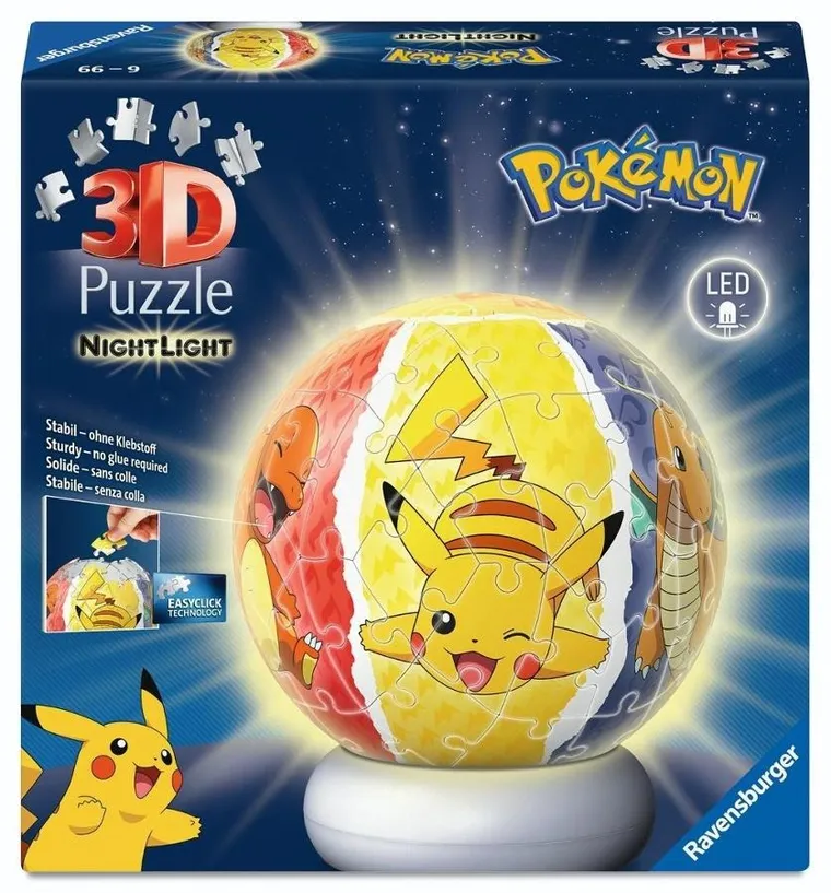 Ravensburger, Pokemon, kula, puzzle 3D, lampka, 72 elementy