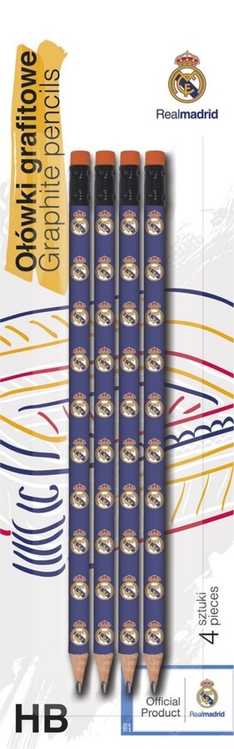 Real Madryt, ołówek trójkątny HB z gumką, 4 szt.
