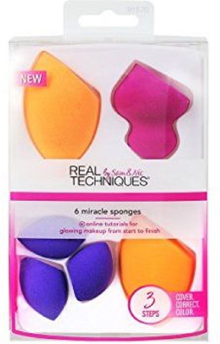 Real Techniques, Miracle Sponges 3 Steps, gąbka do aplikacji podkładu x2 + mini gąbeczka do rozcierania x3 + gąbeczka do konturowania, zestaw