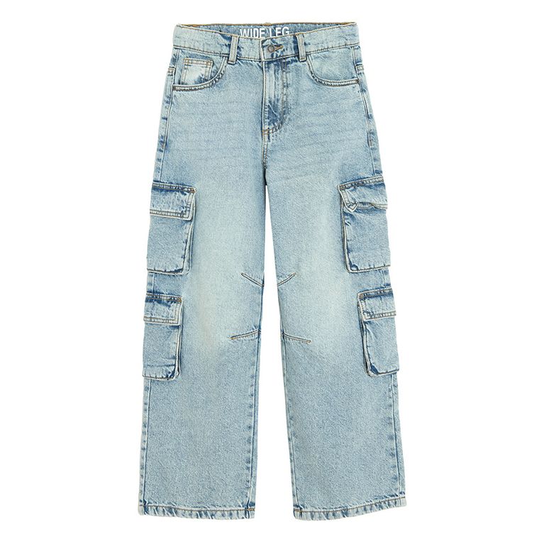 Regulowane jasnoniebieskie jeansy z przetarciami wide leg cargo Cool Club