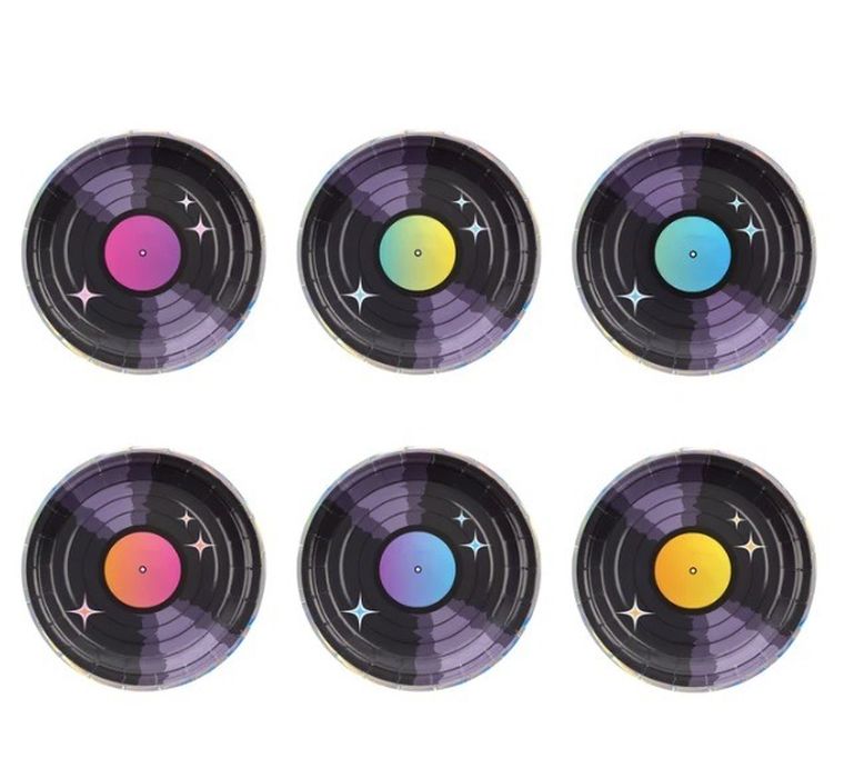 Retro disco, talerzyki papierowe, płyty winylowe, lata 80-te, 6 szt.