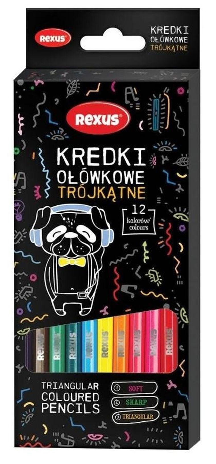 Rexus, kredki ołówkowe, trójkątne, 12 kolorów