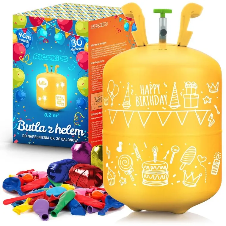 Ricokids, butla z helem, z balonami i wstążką, na 30 balonów