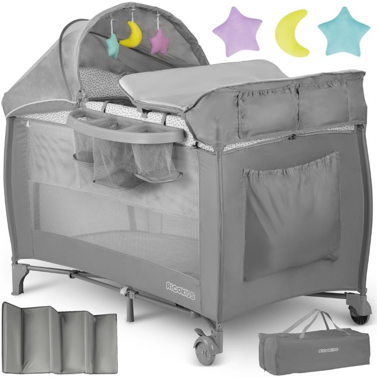 Ricokids, łóżeczko turystyczne z materacem i torbą, jasnoszare
