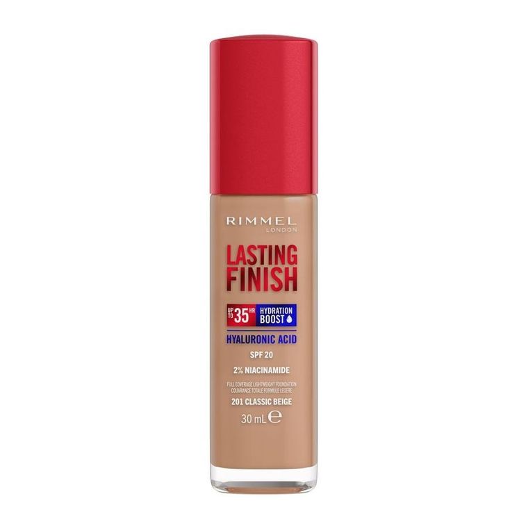 Rimmel, Lasting Finish 35H, silnie nawilżający i długotrwale kryjący podkład do twarzy z filtrem SPF20, 201 Classic Beige, 30 ml
