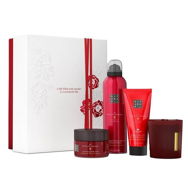 Rituals, The Ritual of Ayurveda, zestaw prezentowy M: żel pod prysznic, 200 ml + krem ​​do ciała, 100 ml + peeling do ciała, 125 g + świeca zapachowa, 140 g