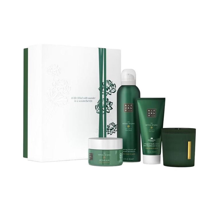 Rituals, The Ritual of Jing, zestaw prezentowy M: żel pod prysznic, 200 ml + krem ​​do ciała, 100 ml + peeling do ciała, 125 g + świeca zapachowa, 140 g