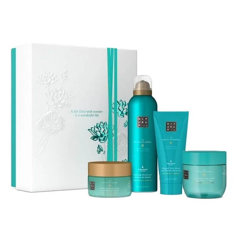 Rituals, The Ritual of Karma, zestaw prezentowy M: żel pod prysznic 200 ml + krem ​​do ciała, 100 ml + peeling solny do ciała, 125 g + maska ​​do ciała, 125 ml