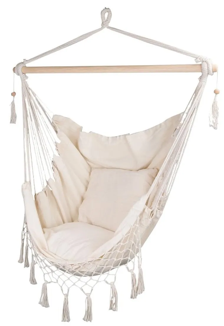 Royokamp, fotel brazylijski z frędzelkami i 2 poduszkami, beżowy, 130-100 cm