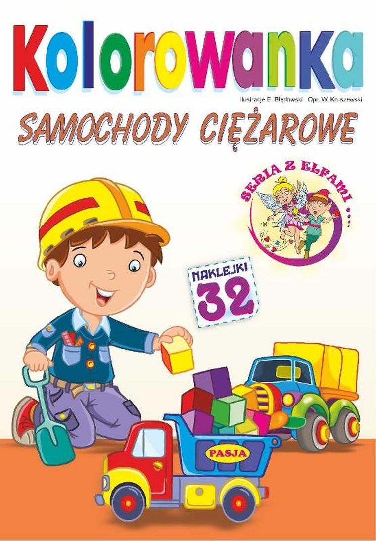 Samochody ciężarowe z naklejkami. Kolorowanka