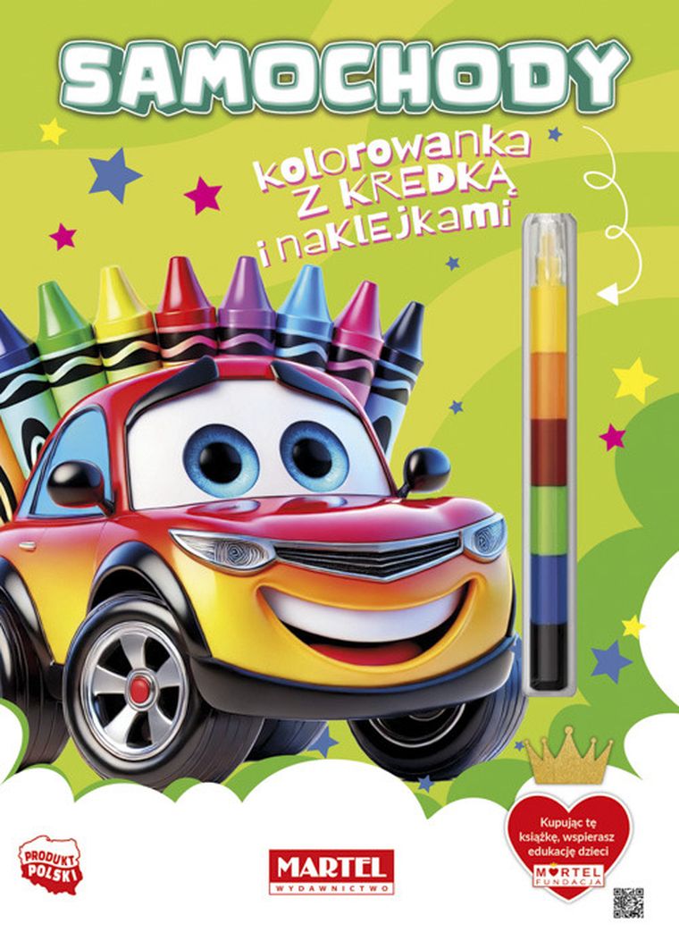 Samochody z kredką i naklejkami. Kolorowanka